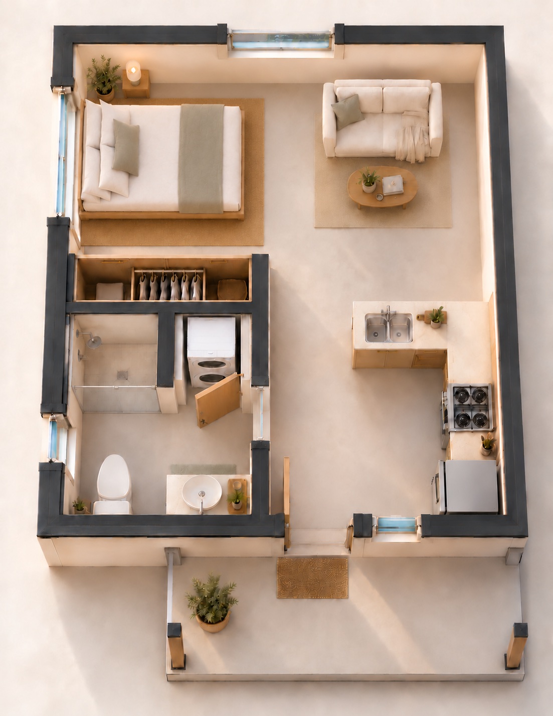 Overhead concept render of Garden Studio with an open sleeping and living area, kitchen, bathroom and front porch.