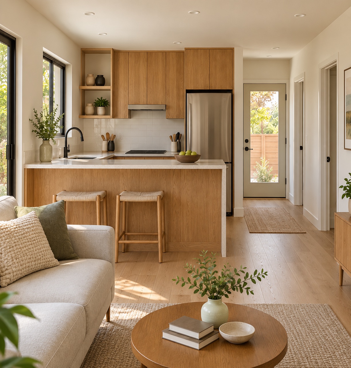 Interior concept with a compact oak kitchen and a comfortable living space