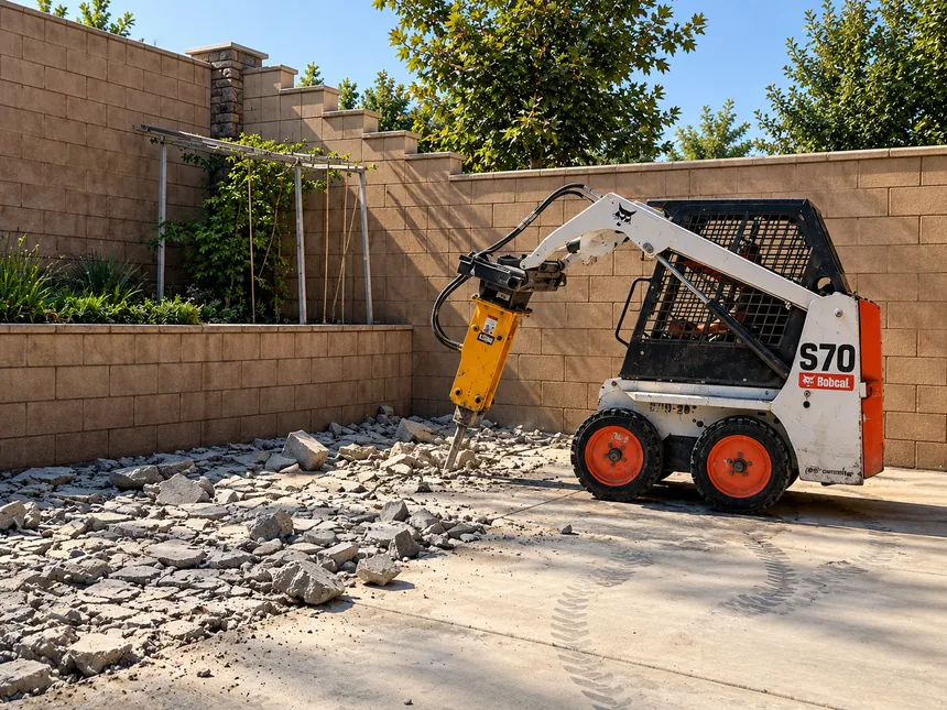 Compact loader breaking an existing concrete backyard slab