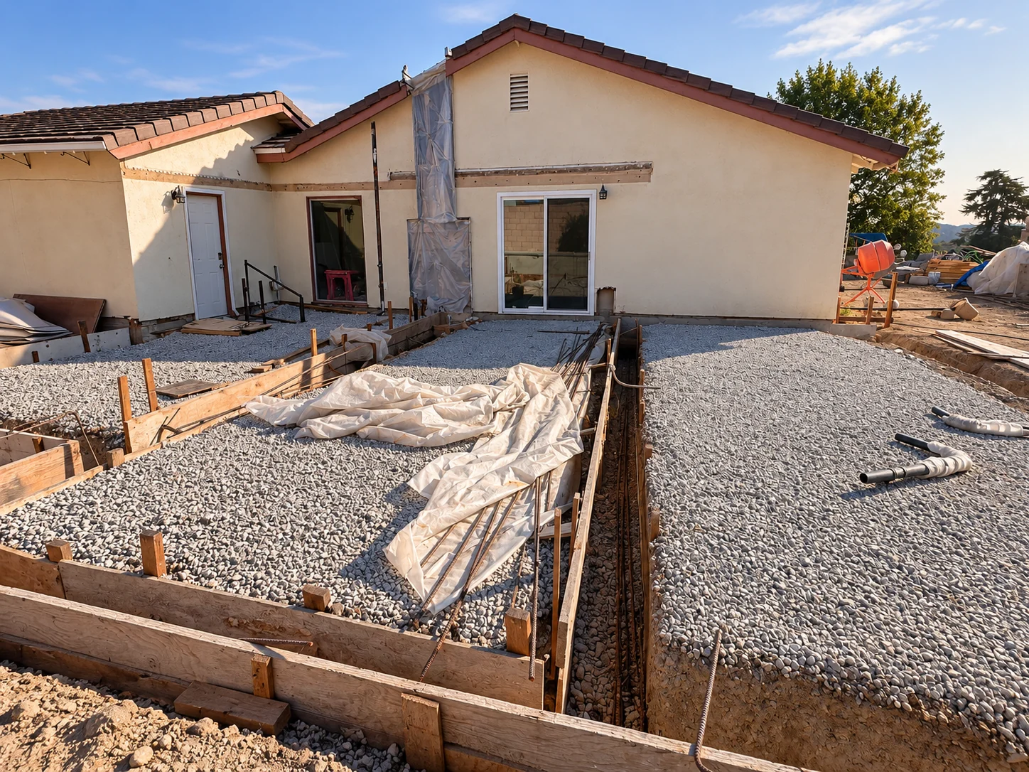 Attached ADU exterior with gravel base and timber forms in the foreground