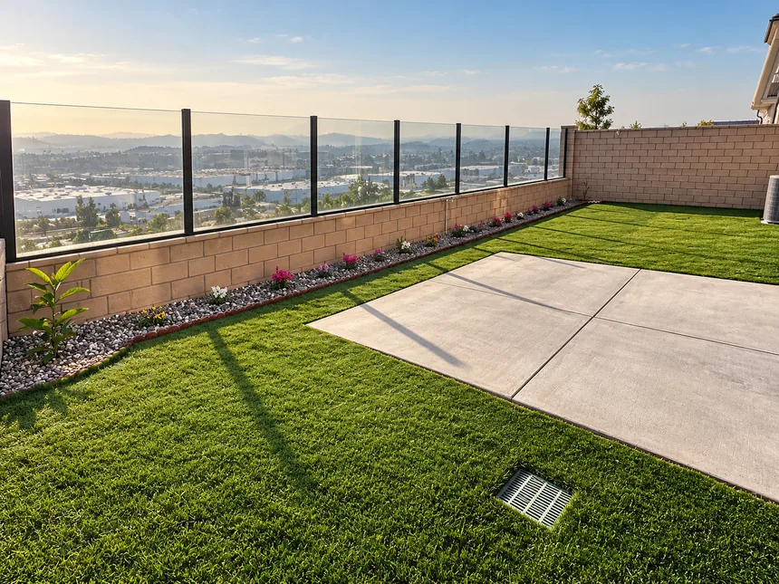 Artificial turf, concrete paving and a planted border