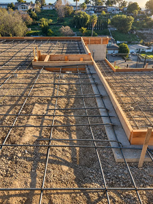 Rebar grid and shaped timber forms before concrete placement.