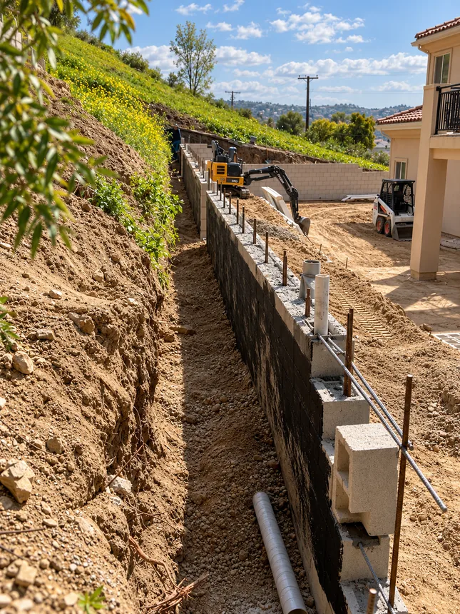 Excavation, masonry and drainage work along a sloped site.