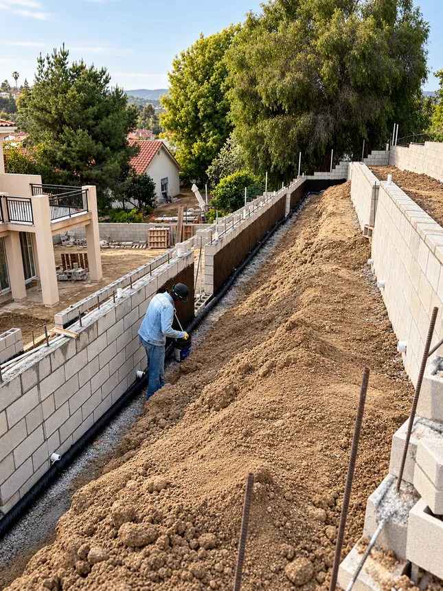 A closer look at the wall and drainage details during construction.