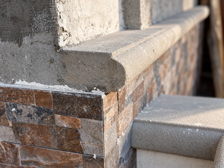 Stone veneer, stucco and masonry corner details during installation.