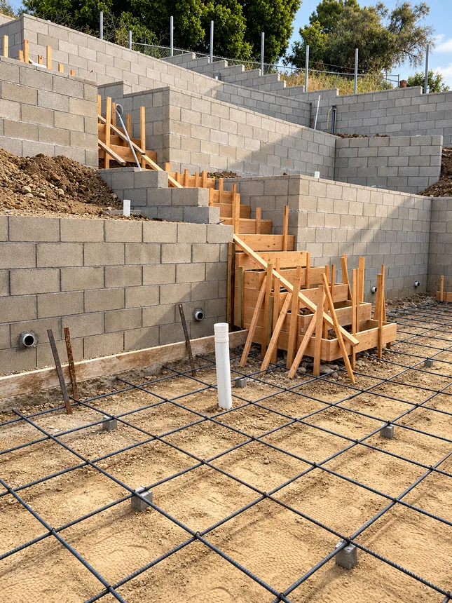 Terraced masonry walls and timber stair formwork